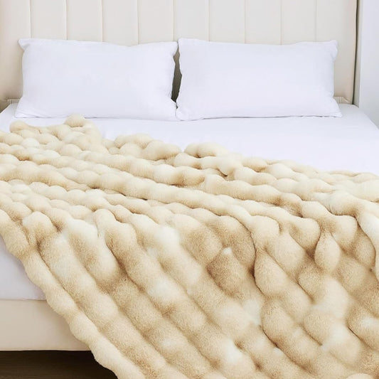 Dluxe Ave. ( THROW ) Camel Faux Fur Rabbit Thick Throw Blanket, (Camel) 50x60 860 GSM