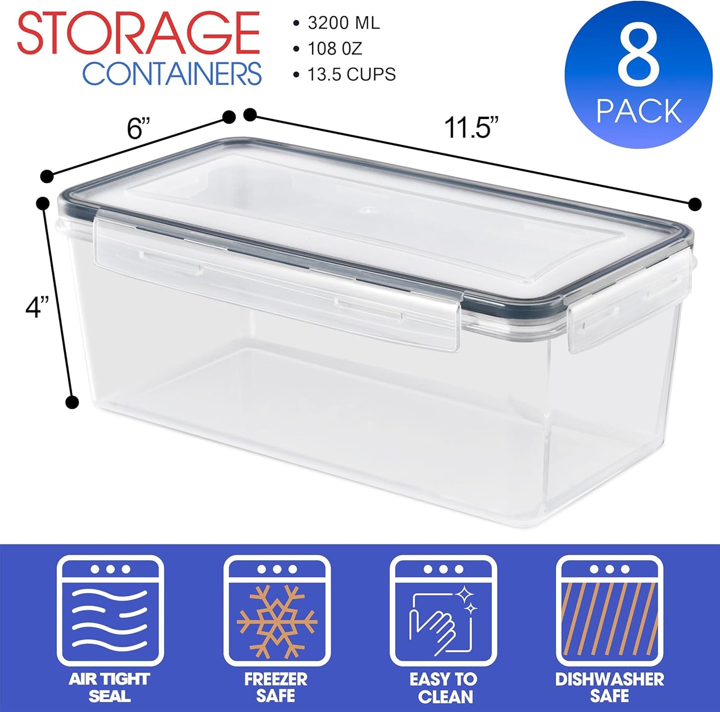 Dluxe Ave. Food Storage Containers - Pack of 8 - Air Tight Four-Way Snap Lids