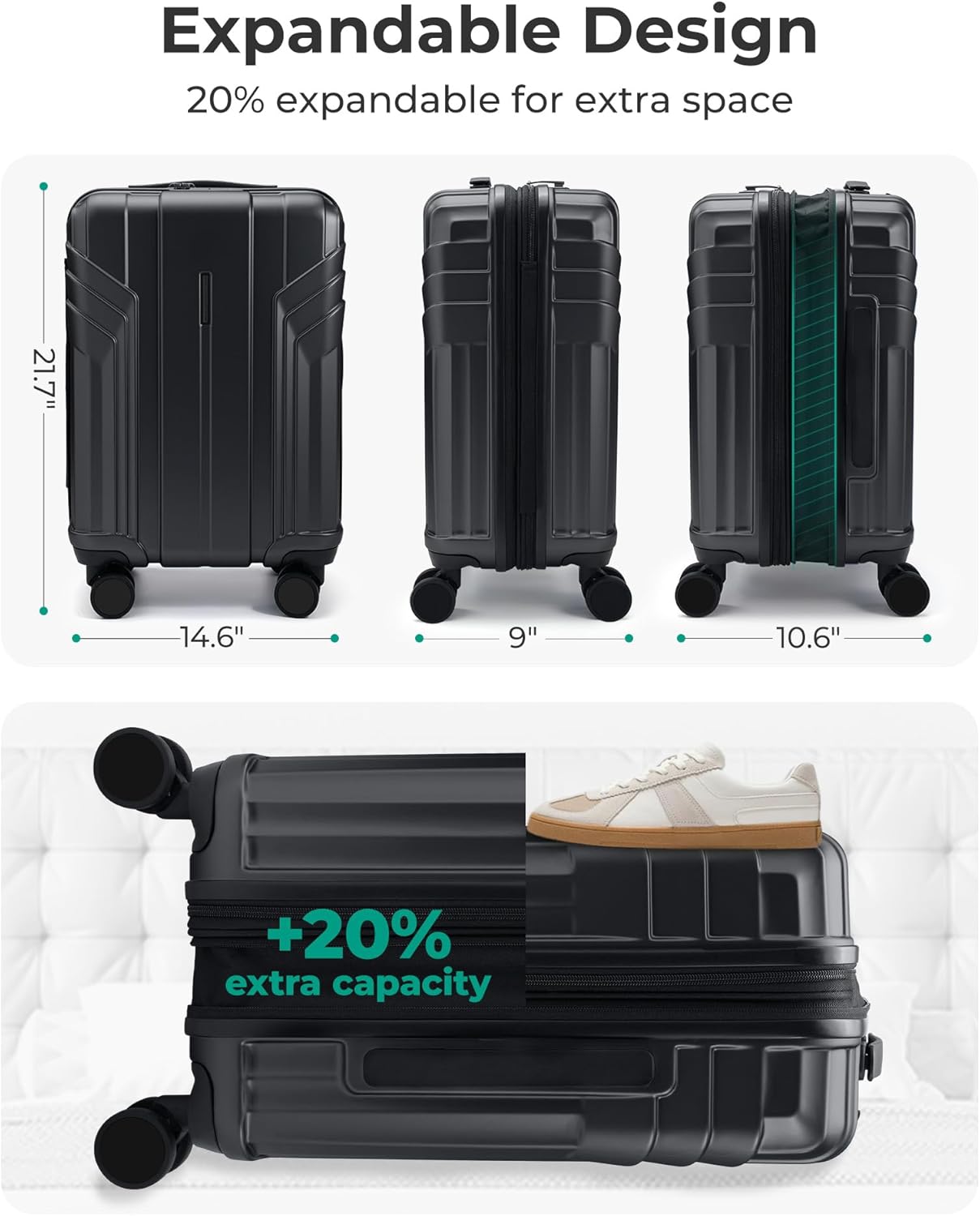 Dluxe Ave. 3 Piece Set Suitcase Expandable Carry on Luggage/TSA Lock/ Spinner Wheels (Black)