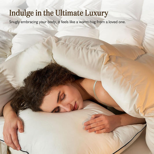 Dluxe Ave. ( QUEEN ) Feather Down Fibers Comforter, Oversized Luxury, All Season Duvet Insert with Feather Down/ White