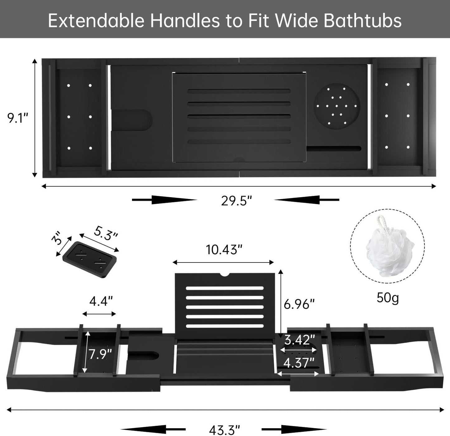 Dluxe Ave. Bamboo Bathtub Tray for Luxury Bathroom Expandable Premium Bath Tray Black