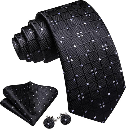 Dluxe Ave. Black Ties for Men Silk Plaid Necktie and Tie Clip Polka Dot Tie