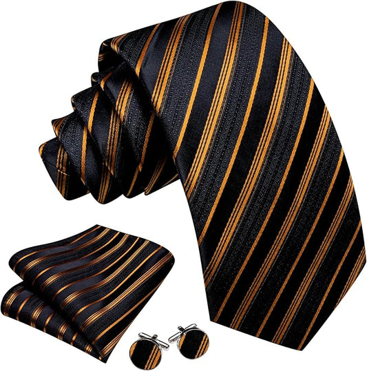 Dluxe Ave. Men Clip on Tie with Lapel Pin & Pocket Square/ Gold Black