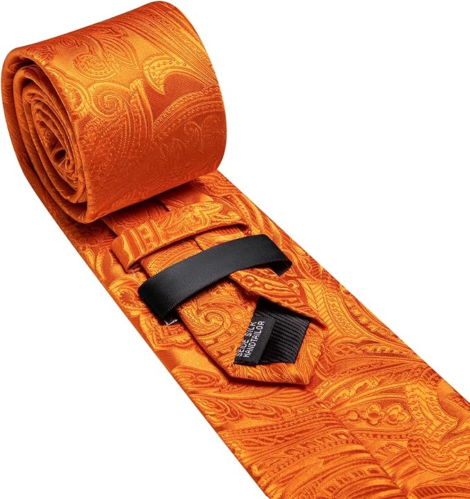 Dluxe Ave. Orange Tie Paisley Necktie with Tie Clip for Men Silk Tie