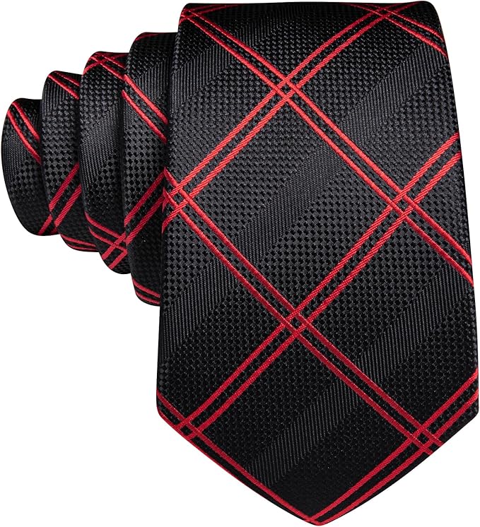 Dluxe Ave. Red Black Plaid Ties Set Mens Black Checkered Necktie Silk Pocket Square Cufflinks Tie Clip
