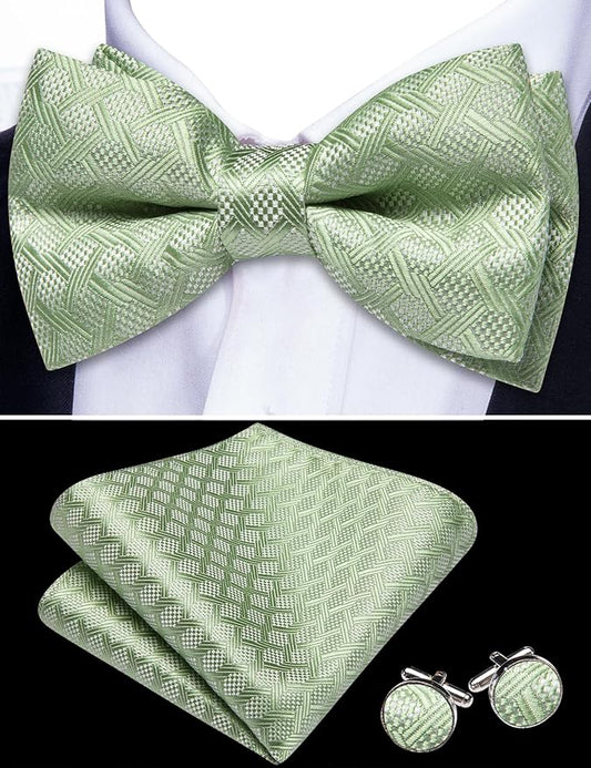 Dluxe Ave. Self Tie Bow Ties for Men Sage Green Bow Tie and Pocket Square Cufflinks Set