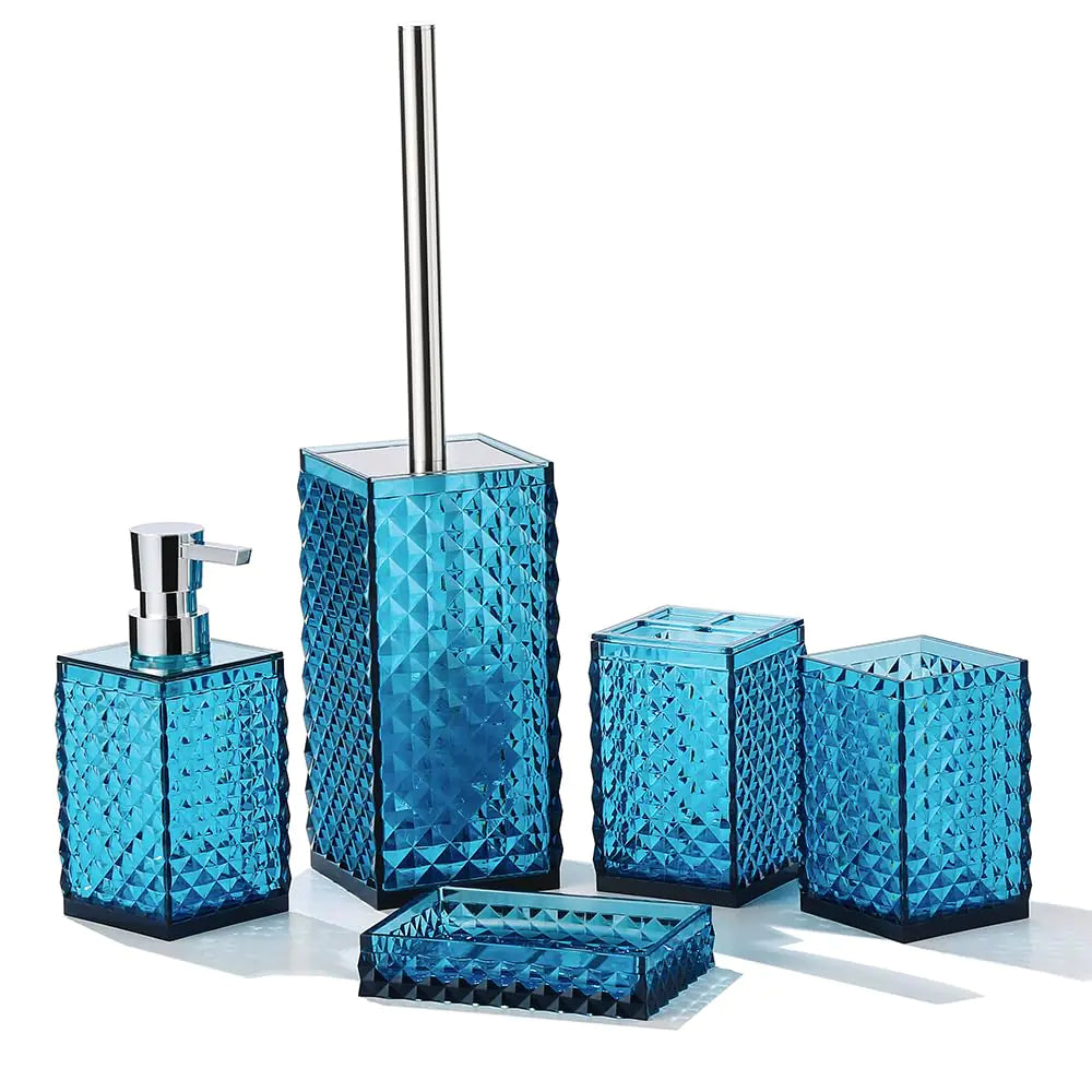 Dluxe Ave. YAUKPH Acrylic 5-Piece Bathroom Accessory Set - Includes Soap Dispenser Toothbrush Holder Cup Soap Dish and Toilet Brushfor Elegant Bathroom Decor (Blue)