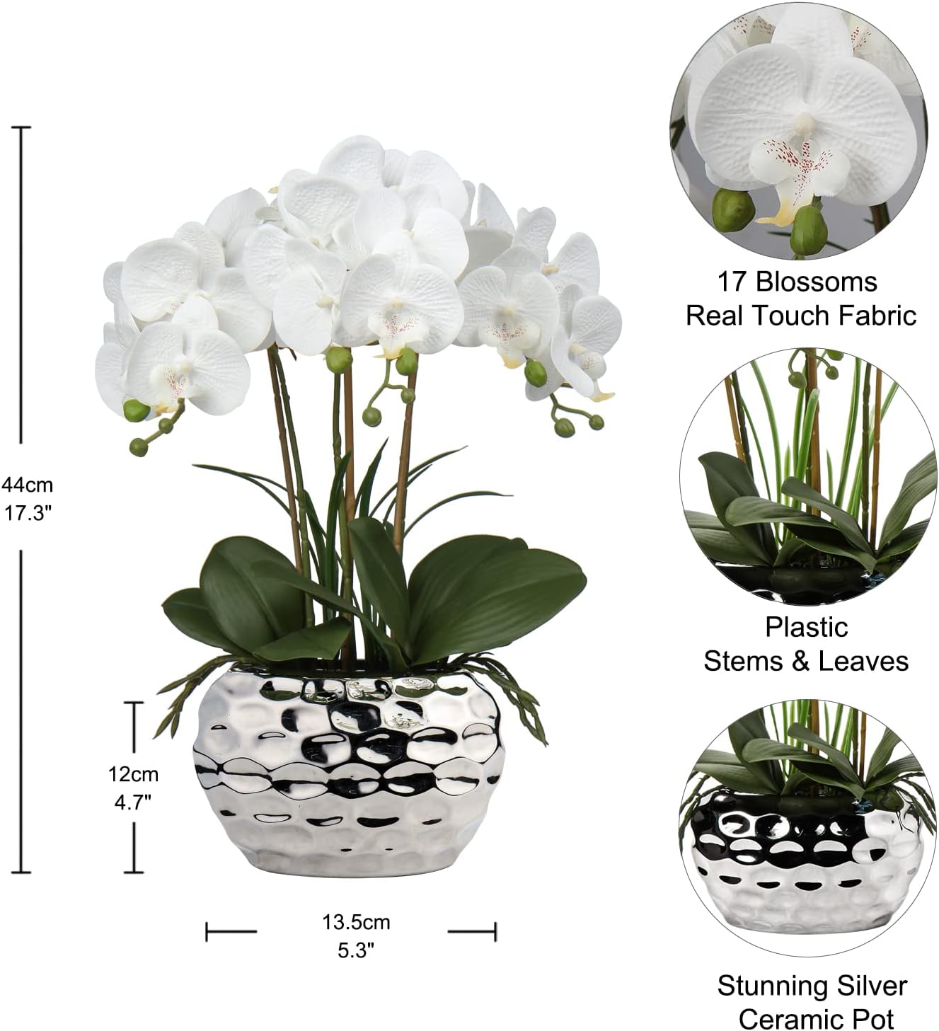 Dluxe Ave. 18" White Artificial Large Orchid with Silver Ceramic Pots