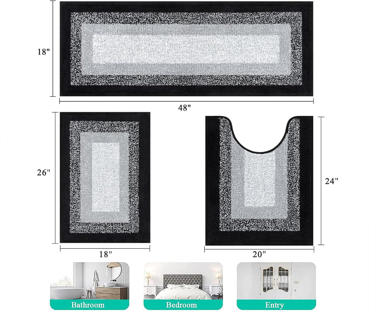 Dluxe Ave. Microfiber Bathroom Rugs Sets/ 3 Piece (Black)
