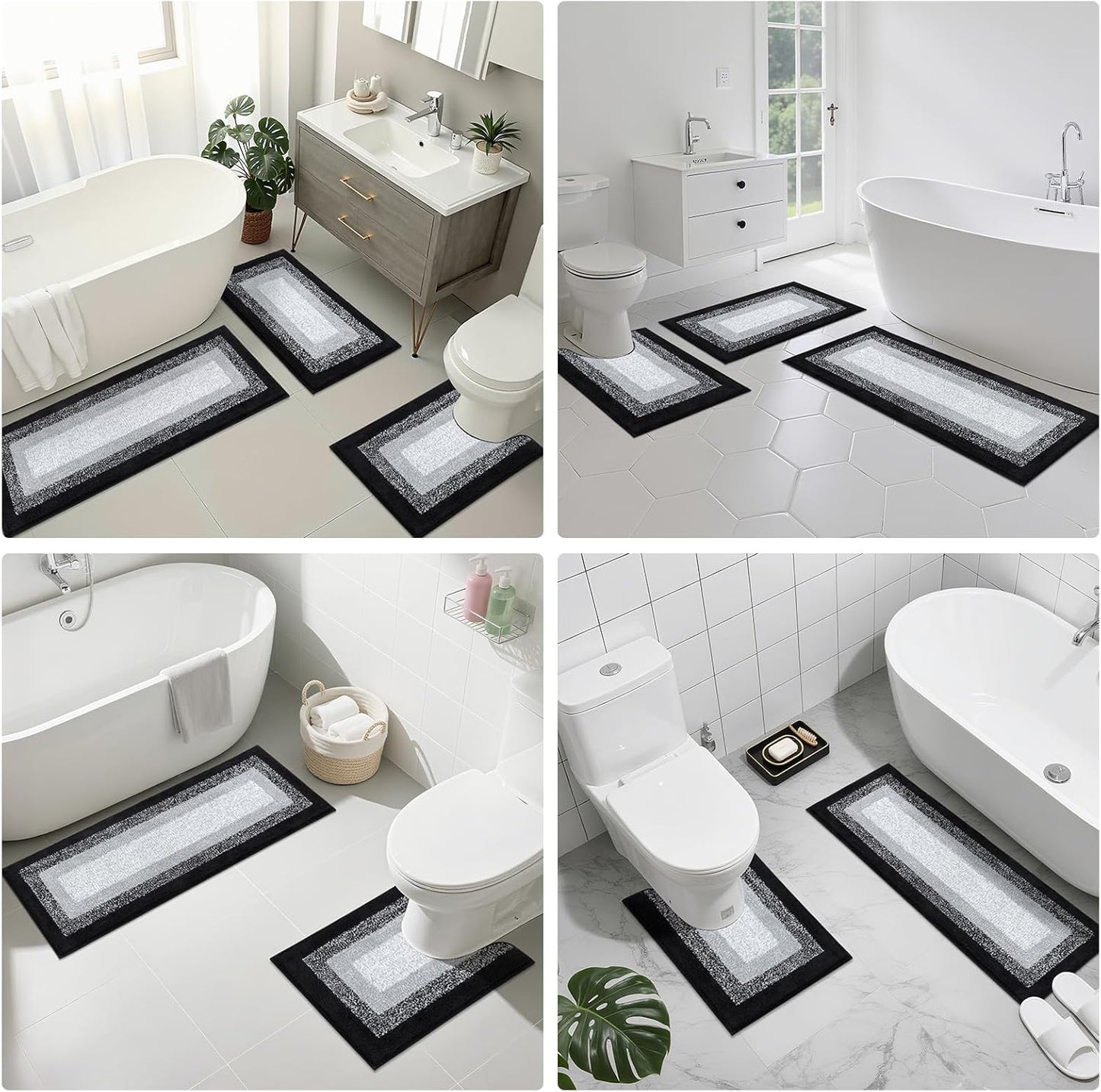 Dluxe Ave. Microfiber Bathroom Rugs Sets/ Non Slip/ Absorbent Plush with U-Shaped Toilet Mat/ 3 Piece (Black)