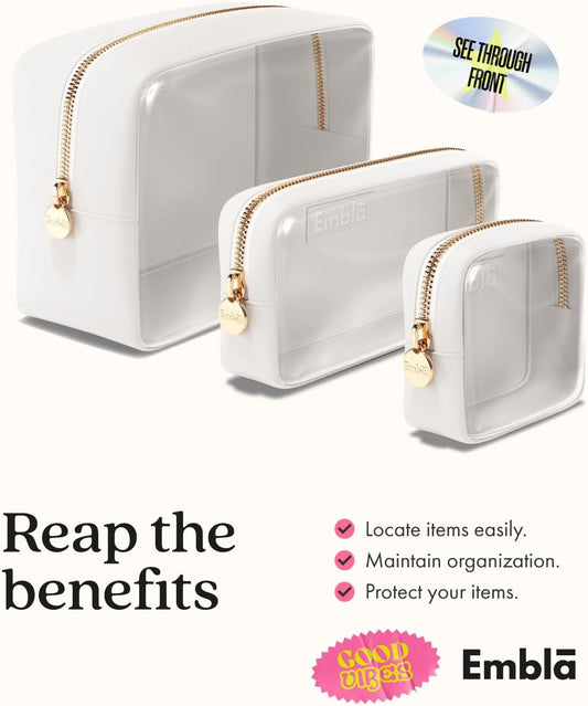 Dluxe Ave. Cosmetic Bags Set of 3, Mini Small Large Makeup Bags, For Women (White)