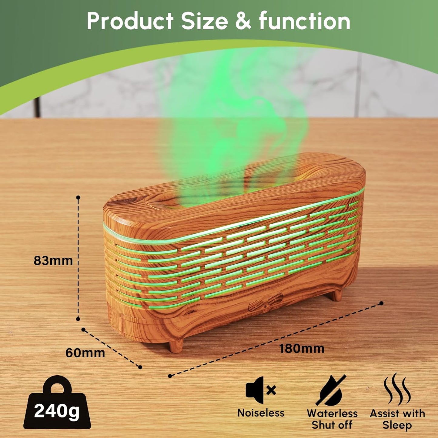 Dluxe Ave. Colorful Flame Diffuser Simulated Flame Essential Oil Diffuser 120ML Aromatherapy Oil with 7 Colors Light Auto-Off (Woodgrain)