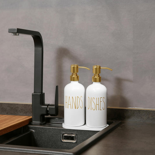Dluxe Ave. Glass Pump Bottles with Brushed Metal Pump Tops/ 16oz Set of 2 (White & Gold)