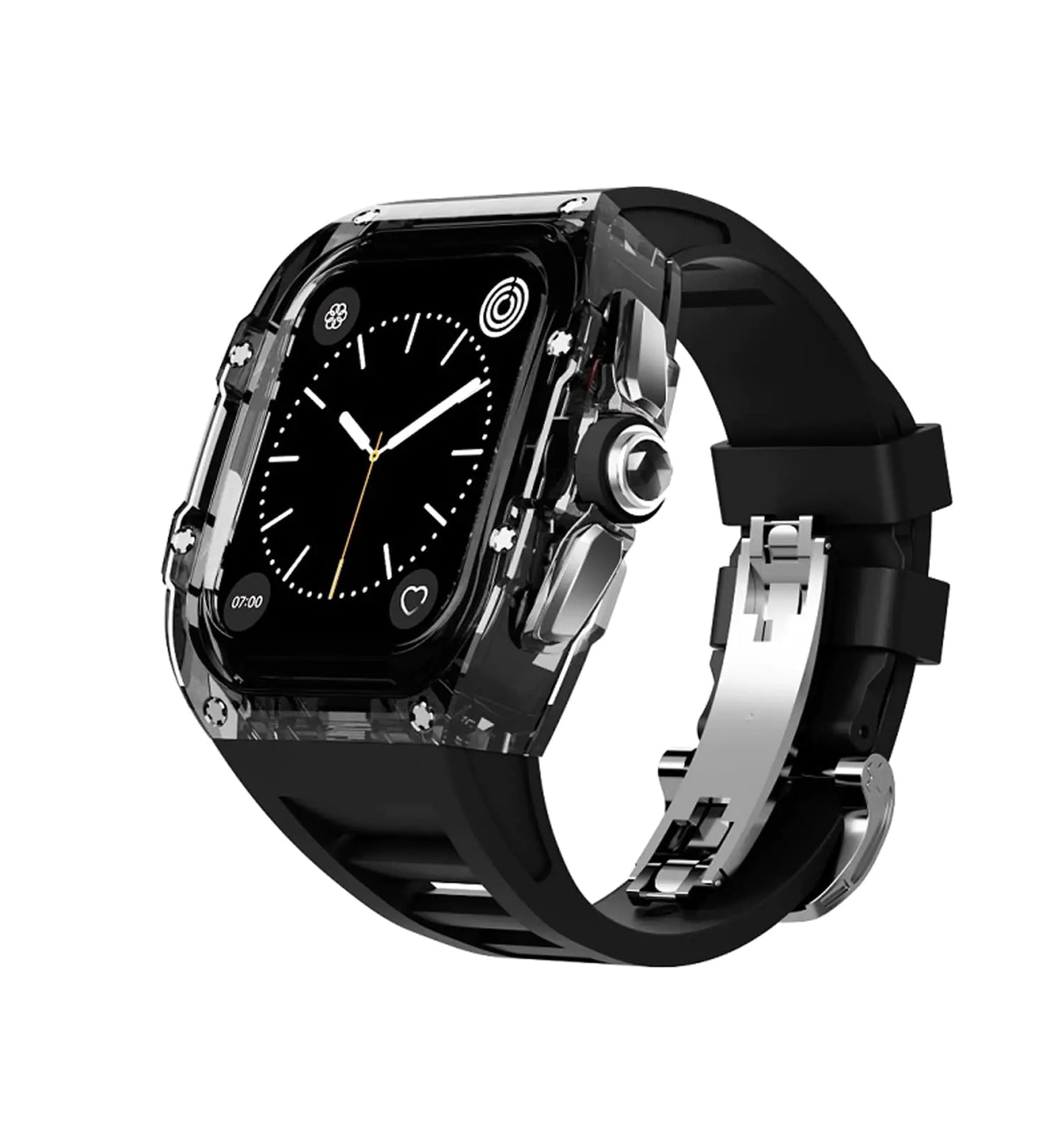 Dluxe Ave. Xmenzi for Apple Watch Band 44mm/45mm Crystal Transparent CaseMen Rugged Case and Fluorine Rubber Wristband Compatible Apple Series iWatch 8 7 6 5 4 SEWatch Transparent Case(44mm/45mm/black)