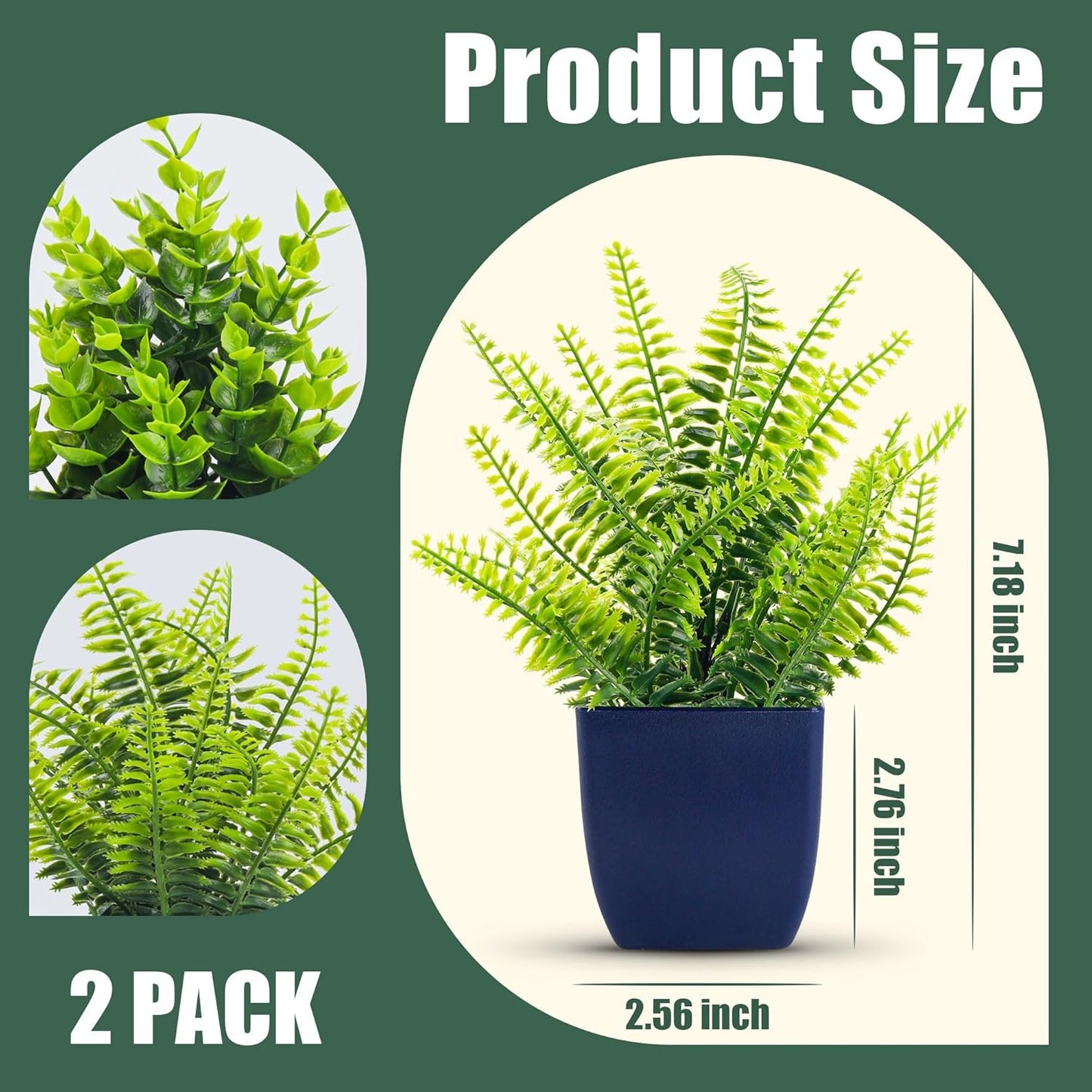 Dluxe Ave. 2 Pack Fake, Small Artificial Plants in Blue Pots, Faux Plants for Bathroom Decor
