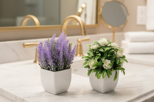 Dluxe Ave. 2 Pack Small Fake Faux Plants, Flowers for Home Bathroom