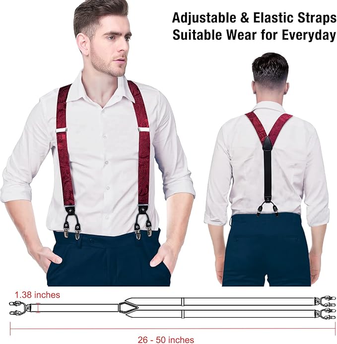 Dluxe Ave. Paisley Bow Tie and Suspenders for Men Heavy Duty Clip Suspenders Adjustable Elastic Y-Back Mens Trouser Braces