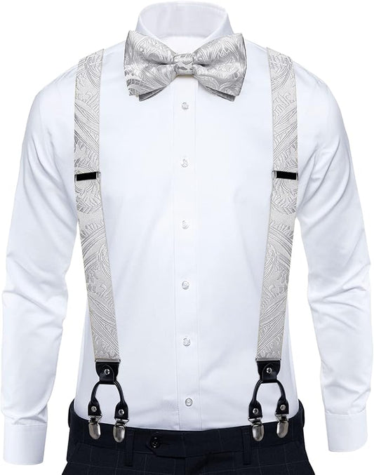 Dluxe Ave. Silver Grey Bow Tie and Suspenders for Men 6 Clips Adjustable Y Braces Paisley Pocket Square Cufflinks
