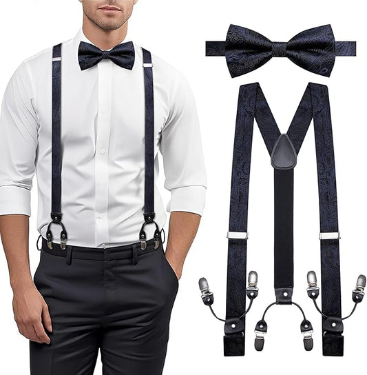 Dluxe Ave. Suspenders and Bow ties for Men Formal 6 Clips Y-Shape Adjustable Suspenders Self Bow Tie Pocket Square Cufflinks Set Black and Navy Blue