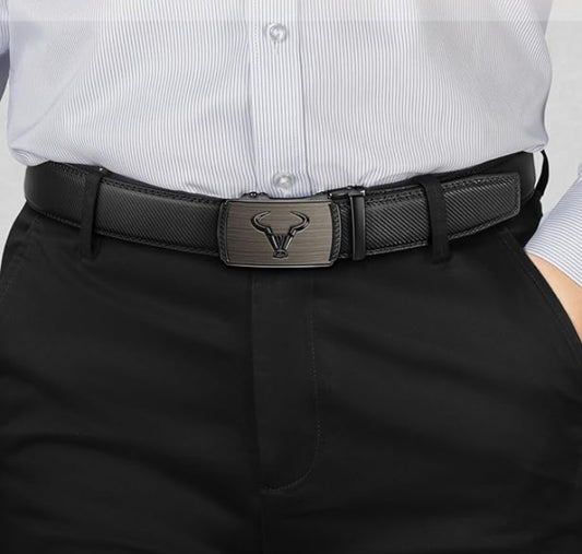 Dluxe Ave. Ratchet Leather Belt for Men Dress and Casual Pants/ Jeans 1 3/8" (Black44"-52" Waist Adjustable)