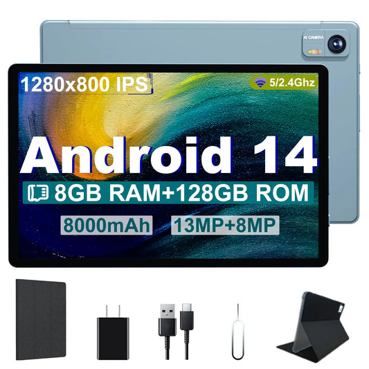 Dluxe Ave. Android 14 Tablet 10.1 Inch Android Tablet PC 8GB RAM 128GB ROM 1TB Expand 8000mAh Battery Octa-Core 10.1 Inch Tablet with 13MP+8MP Camera/Bluetooth/GPS/WiFi/HD Display (Light Blue)