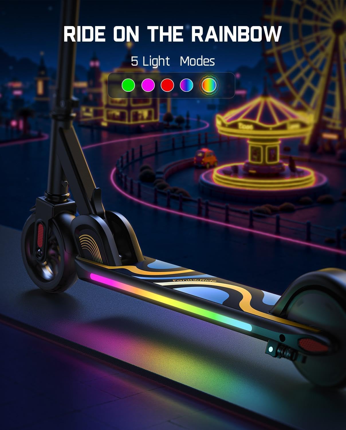 Dluxe Ave. C9 Pro Electric Scooter for Kids 3.9 ft - 5.2 ft, Colorful Rainbow Lights 5/8/10MPH 5 Miles Range Up to 40 mins, LED Display Adjustable Height, Foldable for Kids up to 132 lbs (Black)
