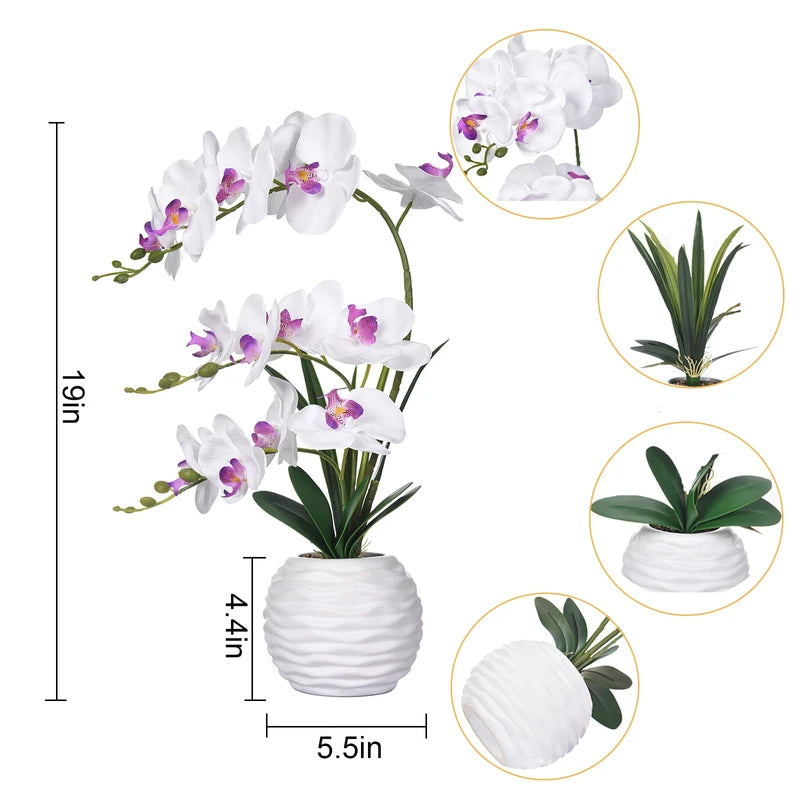 Dluxe Ave. FuleHouzz Artificial Orchids in Vase Faux Real Touch Orchid Flowers in Pot Fake Phalaenopsis Potted with Ceramic Vase for Home Office Wedding Table Decoration White and Pink
