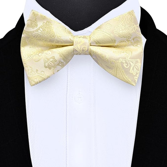 Dluxe Ave. Men Silk Paisley Bowtie/ Pocket Square Handkerchief & Cufflinks/ Light Yellow