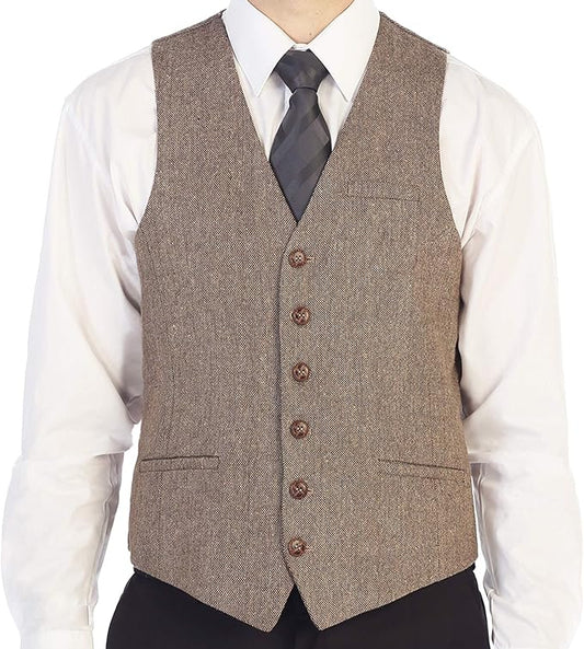 Dluxe Ave. (MEDIUM) Mens 6 Button Formal Herringbone Tweed Vest Barleycorn/ Tan