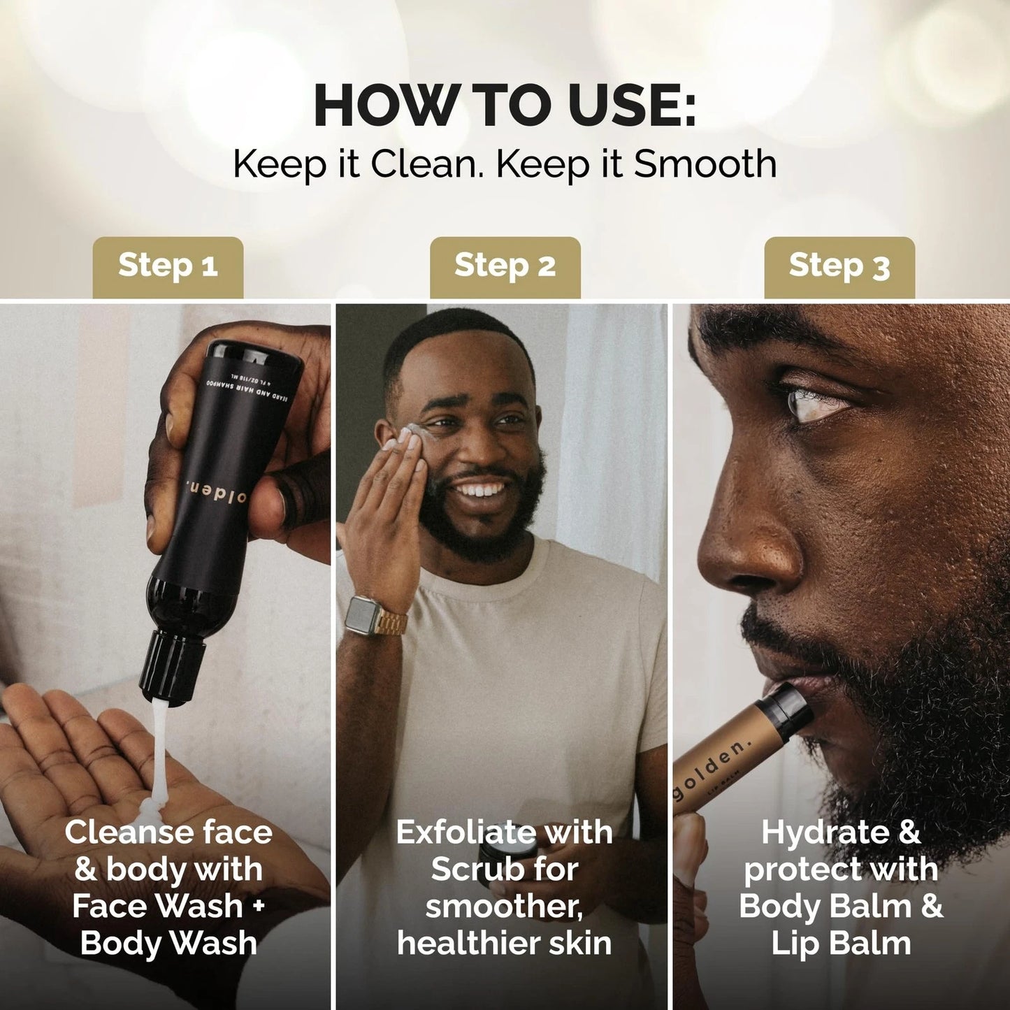 Dluxe Ave. Golden Grooming Co. Bath and Body Skin Care Kit Gift Set for Men - with Deep Exfoliating Scrub Face Wash Lip Blam Body Wash 2 in 1 Beard & Hair Shampoo and More