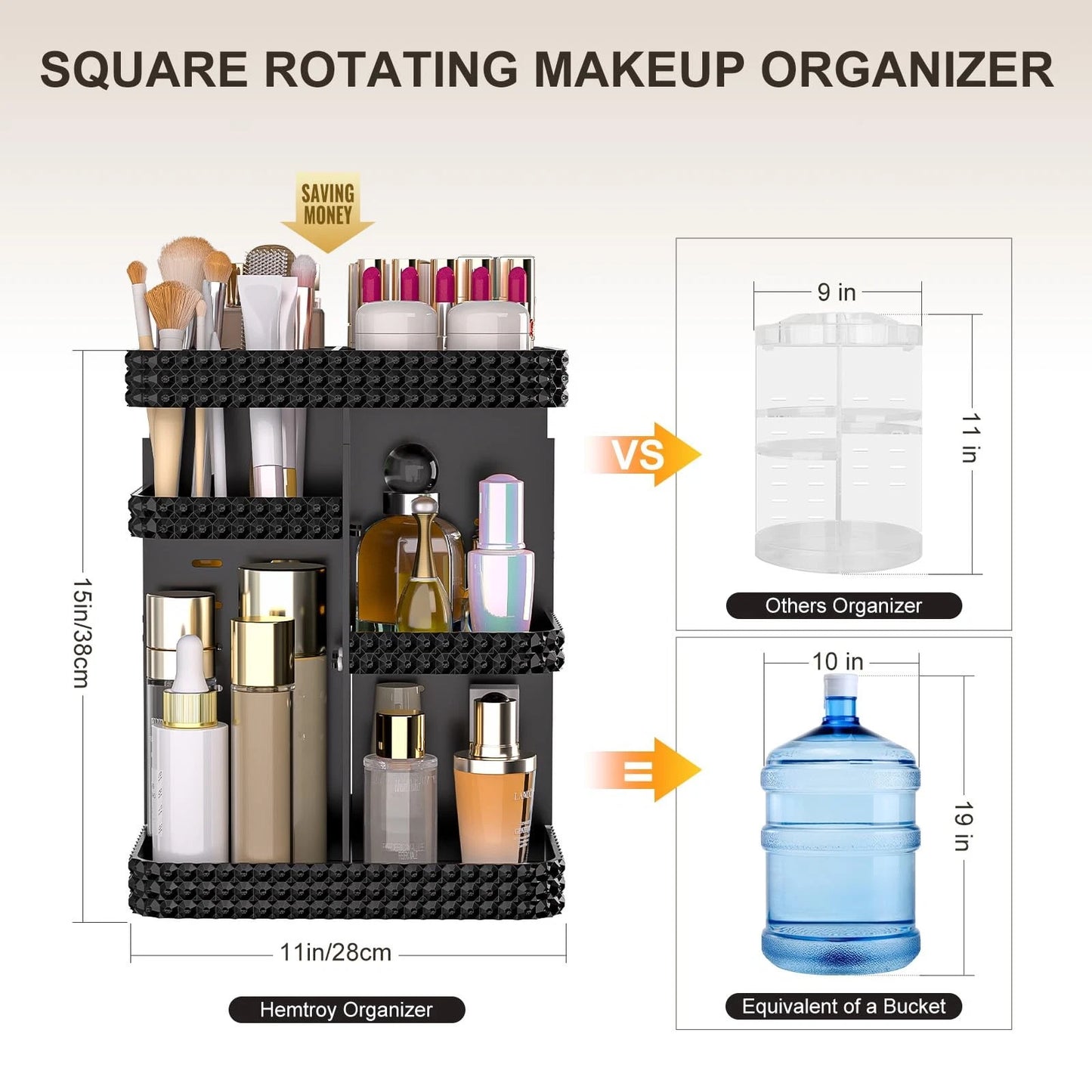 Dluxe Ave. HEMTROY Rotating Makeup Organizer with Makeup Brush Holder Large Capacity Perfume Organizer for Vanity Countertop Acrylic Skincare Organizers Spinning Holder Storage Rack (Black)