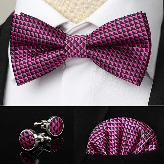 Dluxe Ave. Hot Pink Bow Ties for Men Plaid Mens Bow Tie Silk Tuxedo Bowtie and Pocket Square Cufflinks Set Adjustable Black and Pink