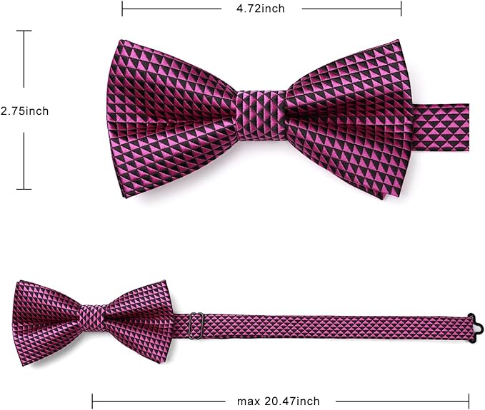 Dluxe Ave. Hot Pink Bow Ties for Men Plaid Mens Bow Tie Silk Tuxedo Bowtie and Pocket Square Cufflinks Set Adjustable Black and Pink