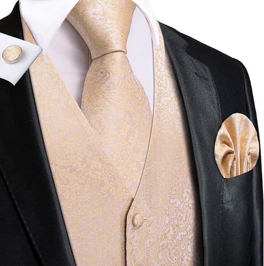 Dluxe Ave. (LARGE) Mens Suit Vest Tie set/ Waistcoat and Necktie Handkerchief Cufflinks Suit/ Champange