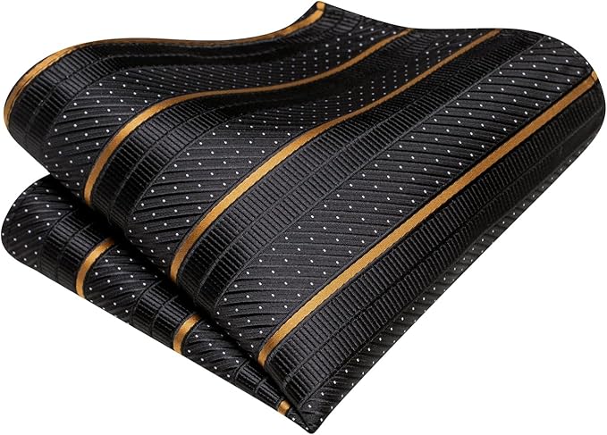 Dluxe Ave. Mens Suspenders and Tie Set Adjustable Y Braces and Pocket Square Set Strong 6 Clips Black and Gold