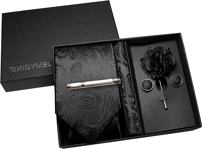 Dluxe Ave. Mens Red Paisley Tie Necktie and Pocket Square with Lapel PinCufflinksTie Clip Sets 5PCS