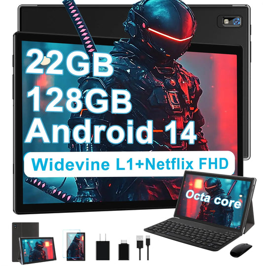 Dluxe Ave. 2025 Tablet 10 Inch Android 14 Tablets with 22GB RAM 128GB ROM 1TB Expand Octa-Core Tablet with Keyboard Mouse 8000mAh Battery HD IPS Display GPS Widevine L1 Split Screen Metal Body -Black