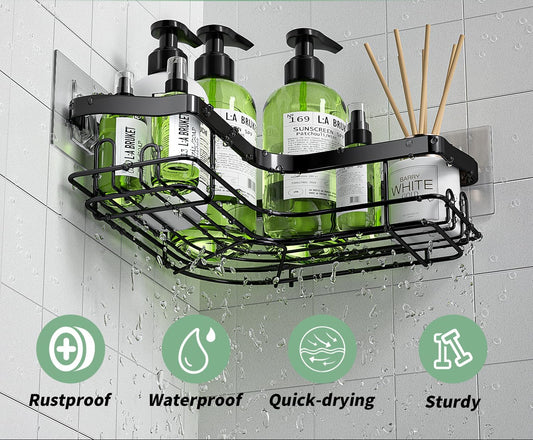 Dluxe Ave. Corner Shower Caddy 2 Pack Adhesive Shower Organizer with 8 Hooks,No Drilling, Rustproof, Stainless (Black)
