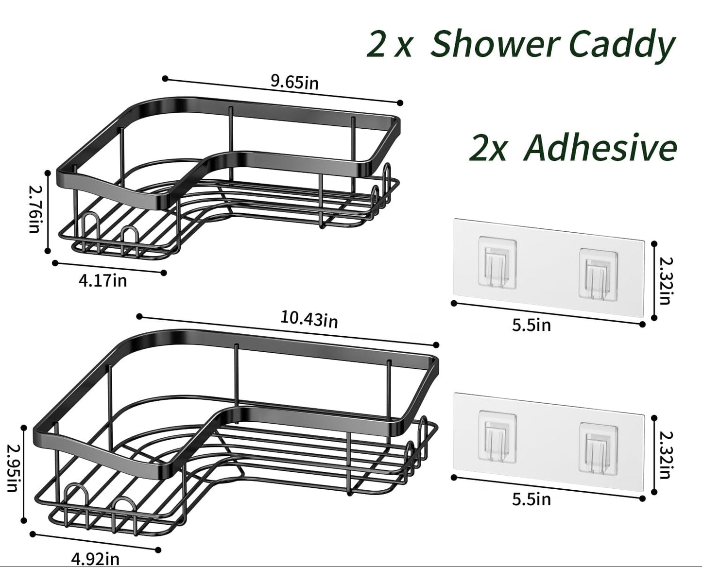 Dluxe Ave. Corner Shower Caddy 2 Pack Adhesive Shower Organizer with 8 Hooks,No Drilling, Rustproof, Stainless (Black)