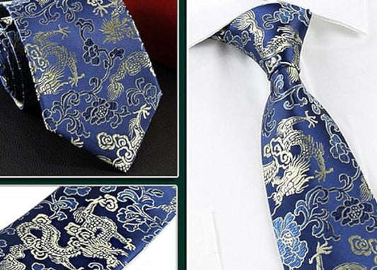 Dluxe Ave. Mens Navy Blue Gold Jacquard Woven Casual Silk Necktie