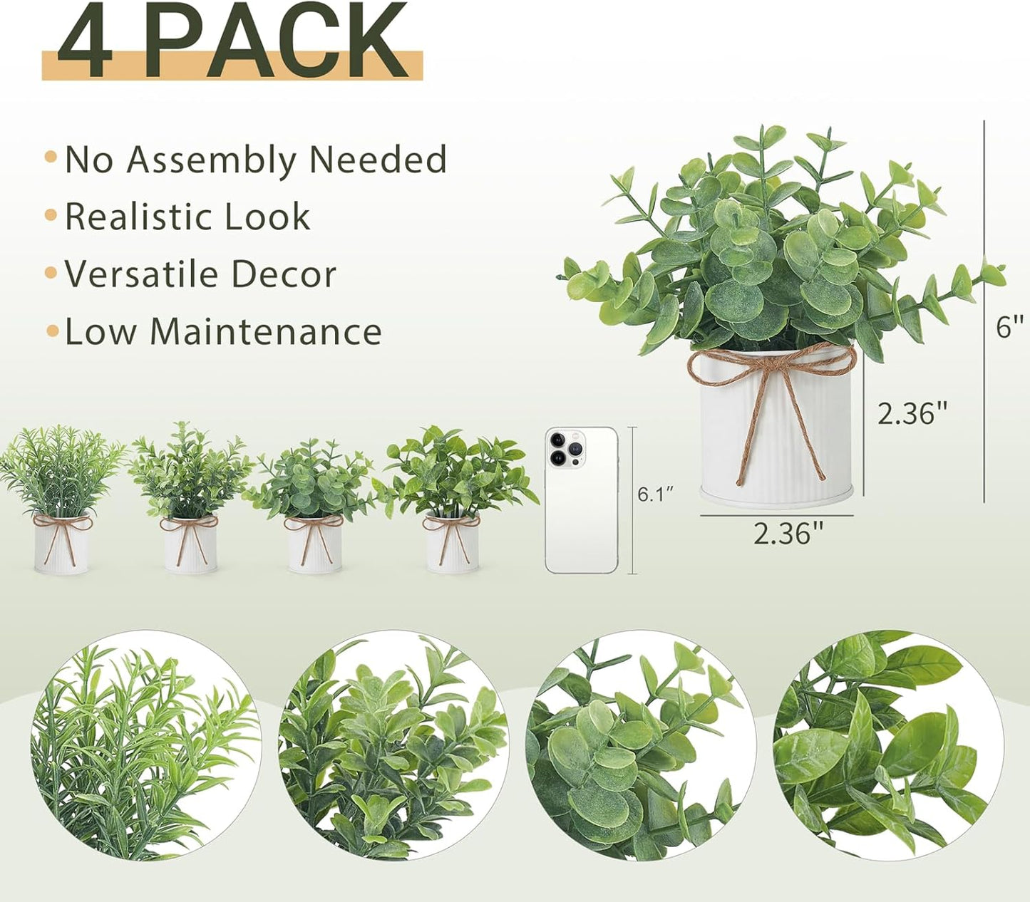 Dluxe Ave. 4 Packs Small Fake Plants in Galvanized Pots, Artificial Plants, Faux Eucalyptus for Home Decor (White)