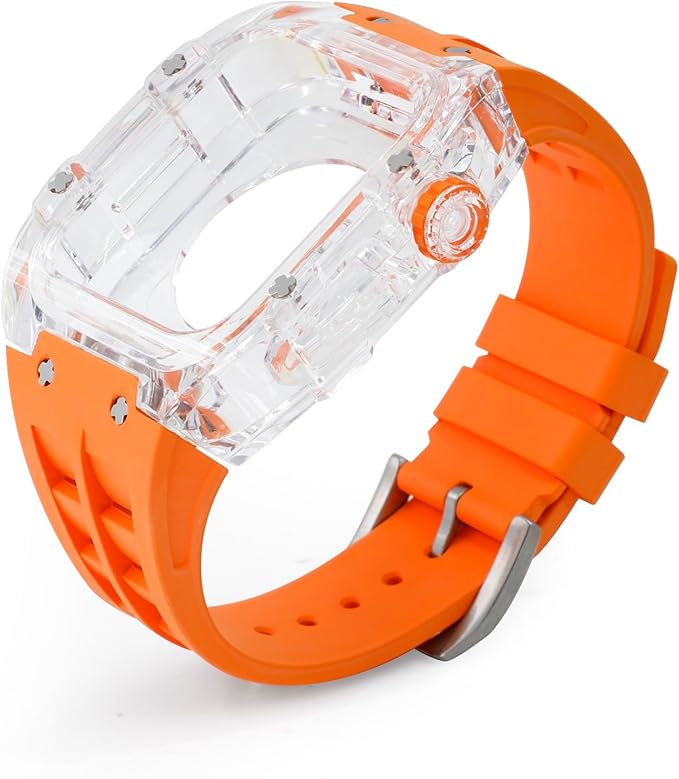 Dluxe Ave. Neuupesen Luxury Transparent Case with Fluororubber Band for Apple Watch 45mm Crystal Clear Full Protection for iWatch Series 9/8/7(45mm TRN+White)