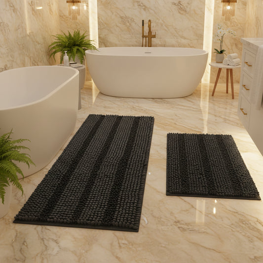 Dluxe Ave. Thick Shaggy Chenille Bathroom Rug Sets 2 (Charcoal Grey 47"x17" Plus 17"x24")