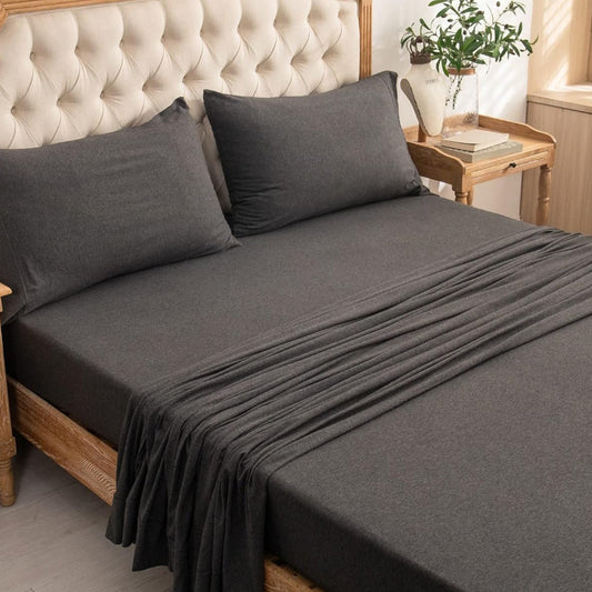 Dluxe Ave. ( KING ) Knit 4pc Bed Sheet Set 100% T-Shirt Cotton Super Soft Comfy, Deep Grey