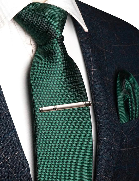 Dluxe Ave. Mens Woven Emerald Green Tie and Pocket Square with Tie Bar Sets