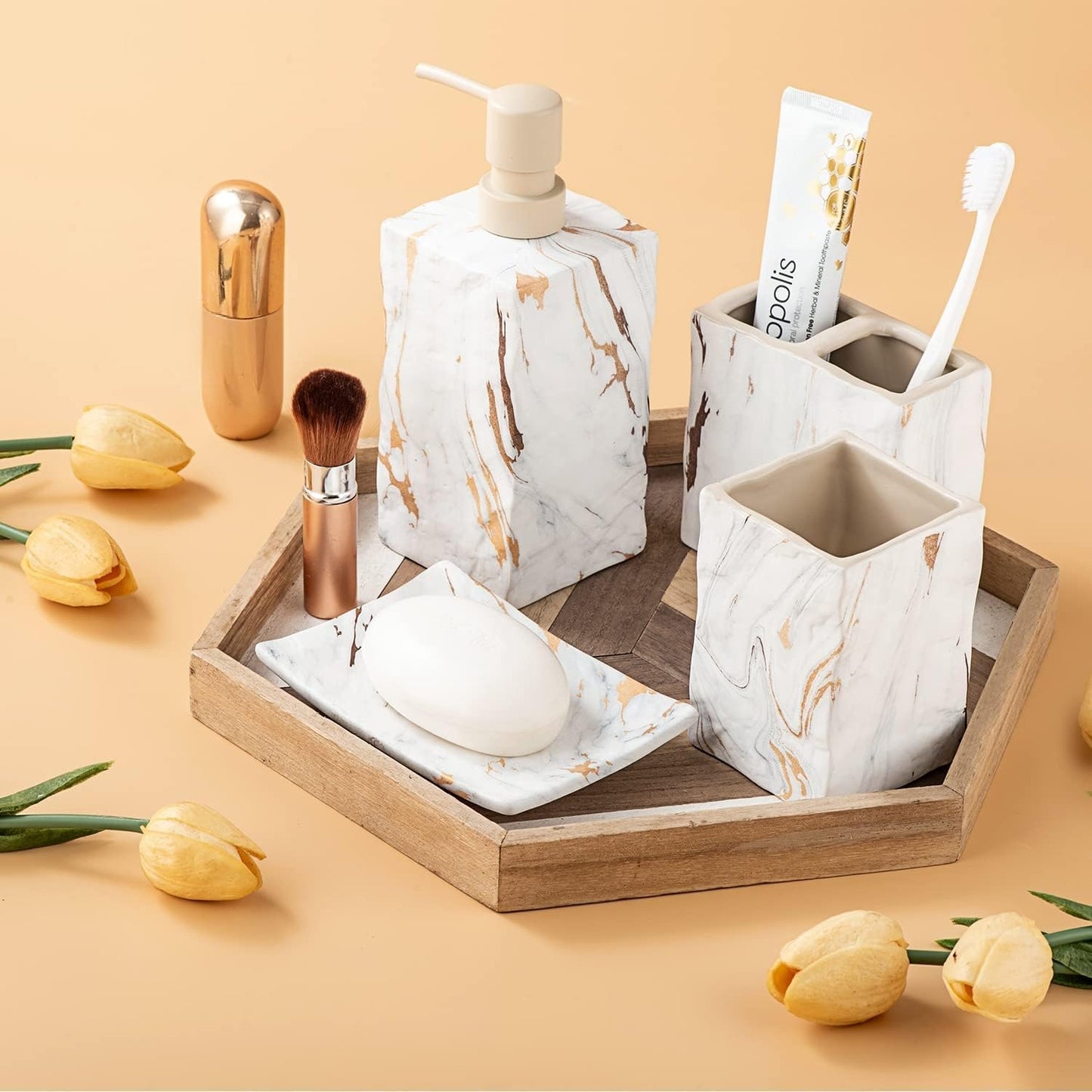 Dluxe Ave. RQYIXI Bathroom Accessories Set 4 Pcs Marble Look Sets Toothbrush Holder Soap Dispenser Gold