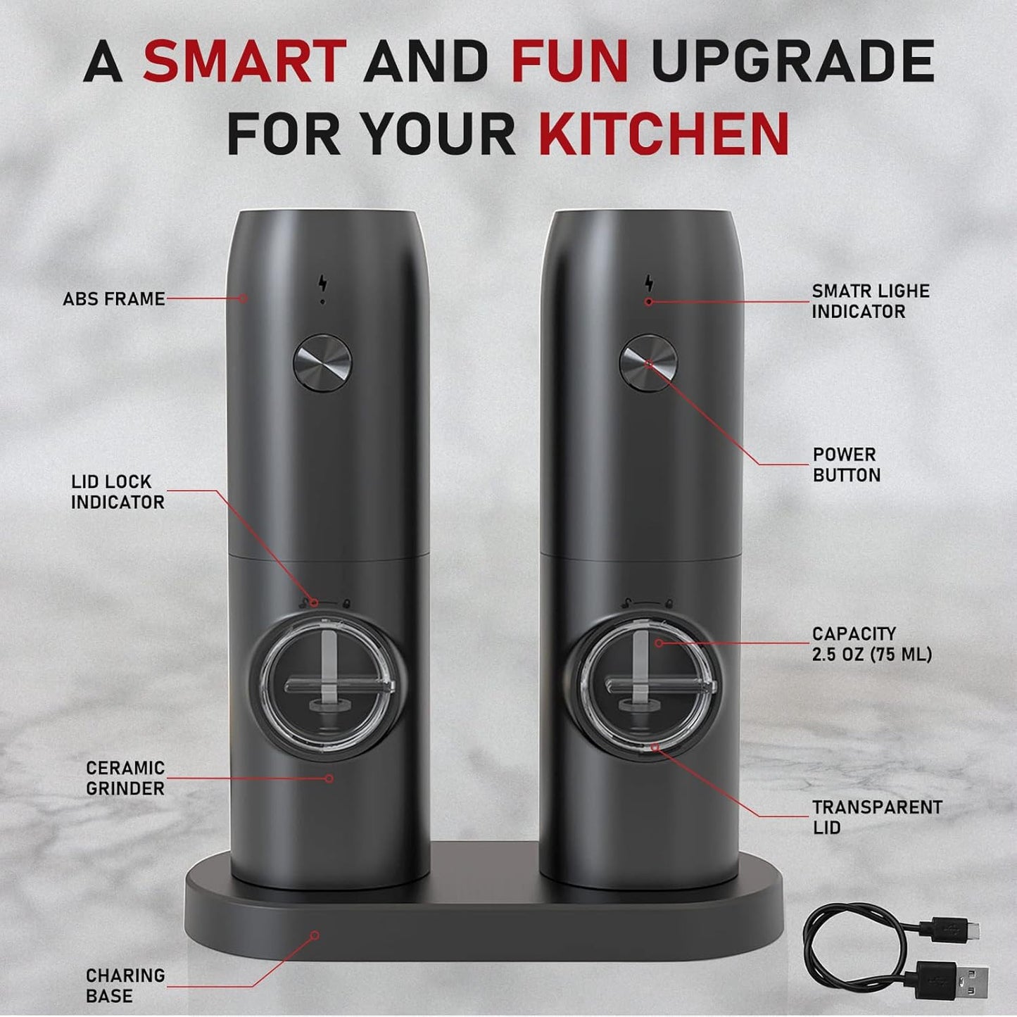 Dluxe Ave. Rechargeable Electric Salt and Pepper Grinder Set