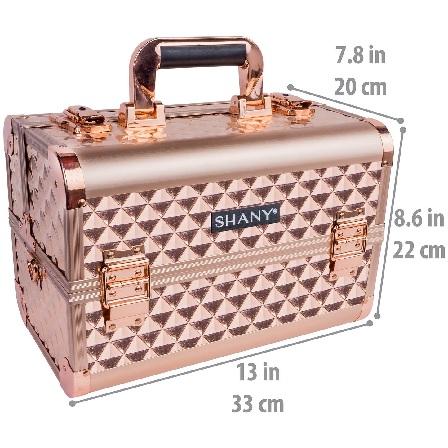 Dluxe Ave. SHANY Chic Makeup Train Case Cosmetic Box Portable Makeup Case Cosmetics Beauty Organizer Jewelry storage with Locks Multi trays Makeup Storage Box with Makeup Mirror - Rose Gold