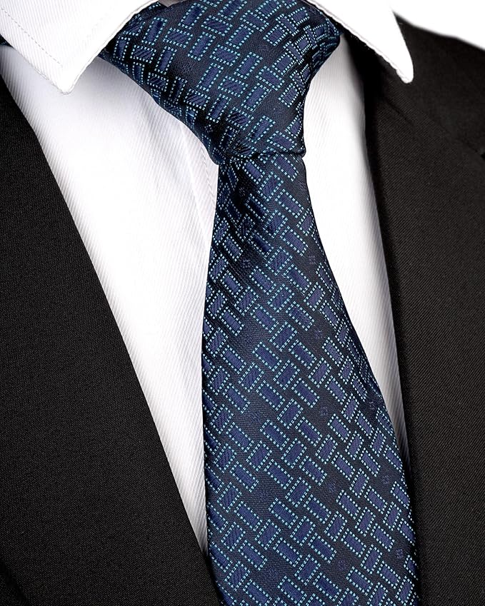 Dluxe Ave. Mens Tie Navy Blue Silk Checkered Necktie and Tie Clip
