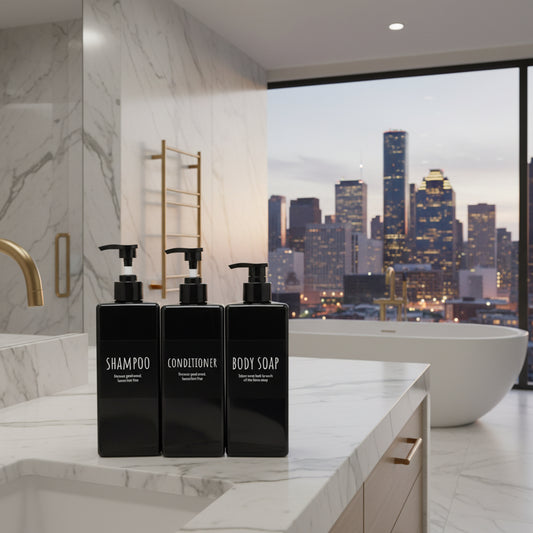 Dluxe Ave. Refillable Shampoo and Conditioner Bottles with Labels/ 500ml Square (Matte Black) 3 Pack 16.9oz